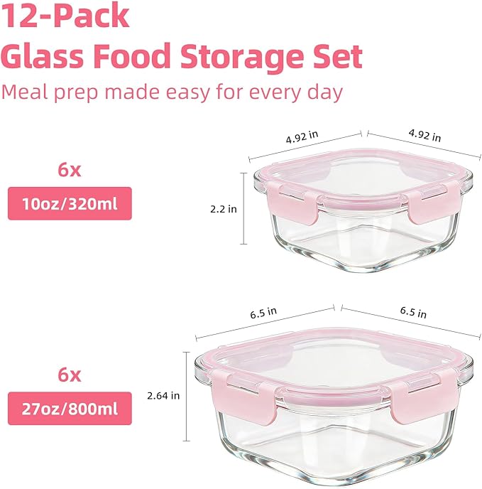 Konokyo Square Glass Food Storage Containers with Lids, 24 Pack Airtight Leakproof Meal Prep Containers, BPA-Free