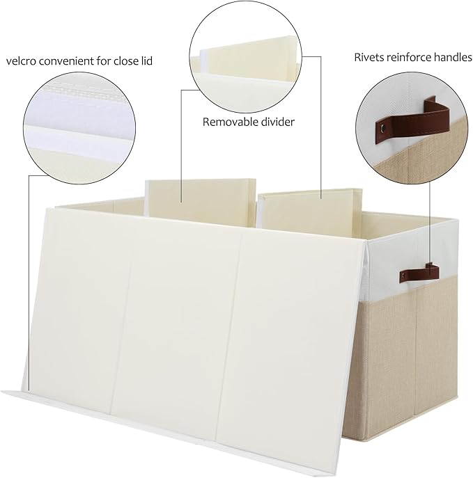 Gowee Extra Large Toy Storage Box with Lid, Sturdy Toys Storage Chest Bin Organizer Basket with Dividers for Kids, Boys, Girls, Nursery, Closet, Bedroom, Playroom 35.5"x17" x17" (Beige and White)