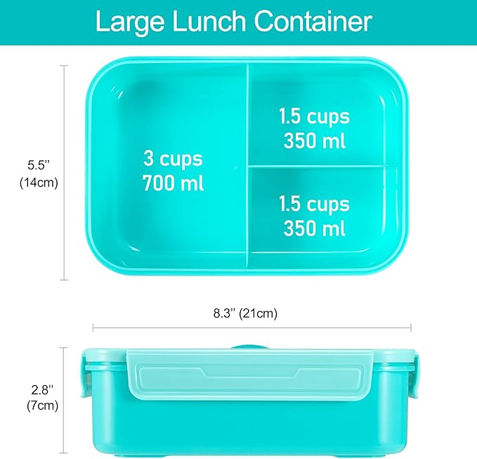 Caperci Classic Bento Box Adult Lunch Box for Older Kids - Leakpoof 47 oz 3-Compartment Lunch Containers for Adults and Teens, Built-in Utensil Set