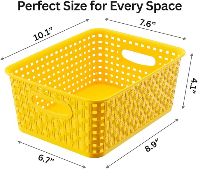 Yellow Plastic Organizer Baskets, 12-Pack Stackable Pantry Storage Baskets, Small Baskets for Shelves, Bathrooms, Kitchens, Laundry Room, Classrooms, Cabinets and Bedrooms