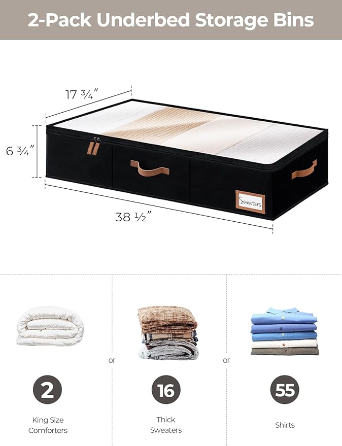 StorageWorks Extra Large Under Bed Storage Containers with Handles and Label Holder, 2 Pack Ultra-thick Fabric Underbed Bins