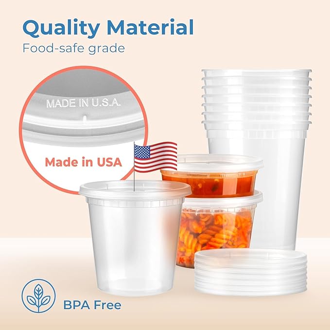 Fit Meal Prep 66 Pack 8 16 32 oz Deli Containers with Lids, US Made Leakproof Quart Containers with Lids, Clear Plastic Food Storage Container with Lid, Microwave Freezer Safe Meal Prep Container