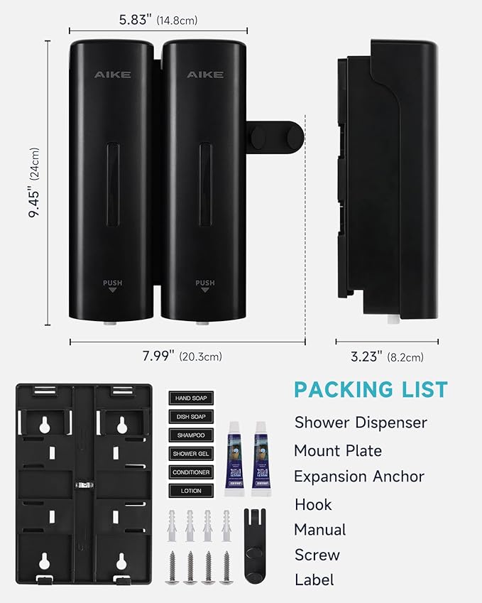 AIKE 2 Chambers Shower Shampoo and Conditioner Dispenser 2 x 11.8 fl.oz. for Bathroom(Black)