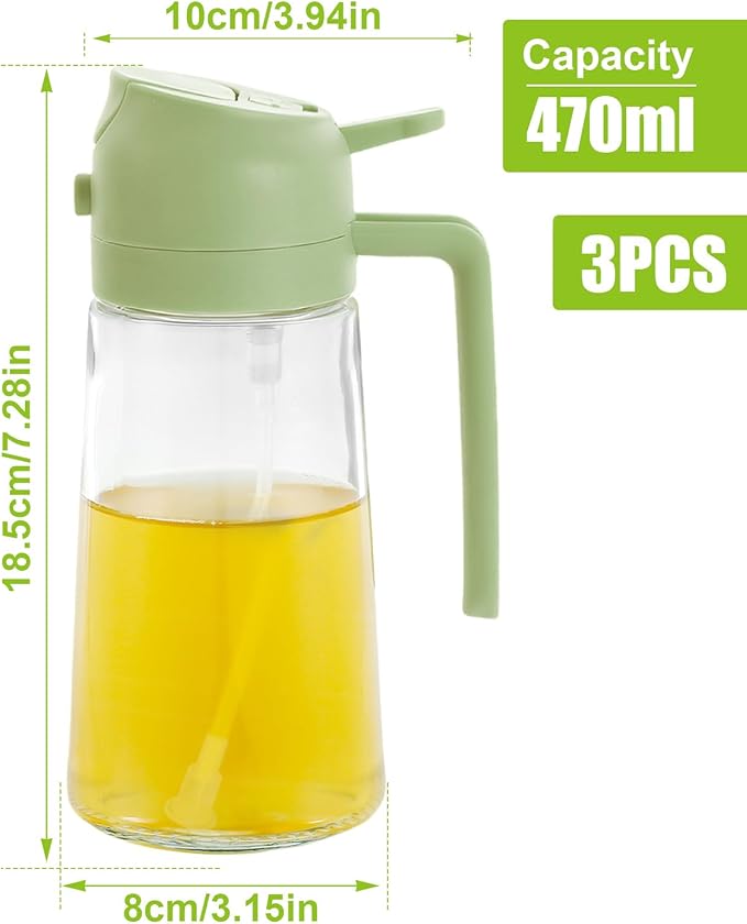 3PCS 2 in 1 Oil Dispenser and Sprayer,16oz/470ml Glass Olive Dispenser Bottle & Oil Spray Bottle,Oil Sprayer for Cooking,Kitchen,Salad,Barbecue,Air Fryer (Green)
