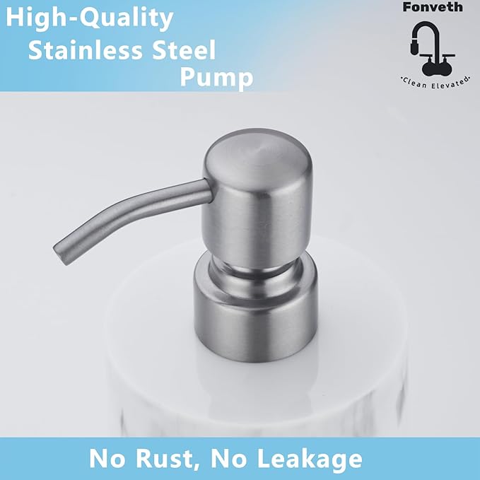 Hand Soap Dispenser White Marble for Bathroom Kitchen, 13.5oz Resin Bottle with Brushed Nickel Stainless Steel Pump, Cylindrical Bottle Countertop - for Liquid Soap, Lotion and Dish Soap