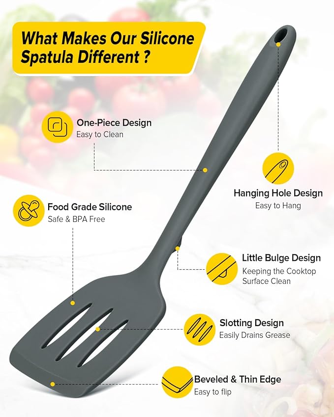 Pack of 2 Silicone Spatula Turners, Non Stick Slotted Kitchen Spatula Set, Heat Resistant BPA Free Kitchen Utensils, One-Piece Design, Suitable for Flipping Fish, Eggs, Steak, Pancakes(GRAY)