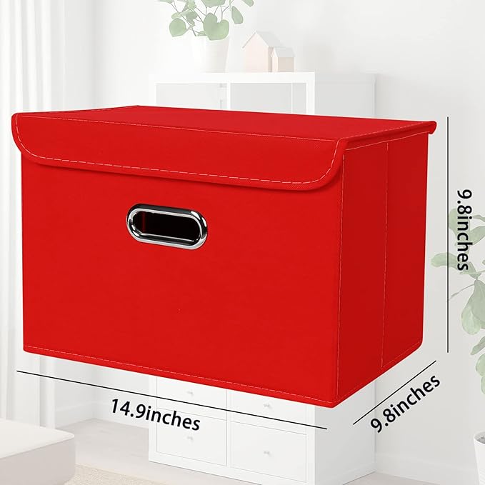 STOREONE Fabric Storage Cube Bins Foldable Organizer Container Collapsible Basket with Lids and Metal Handles, for Home, Bedroom, Closet 3 Pcs (Red)