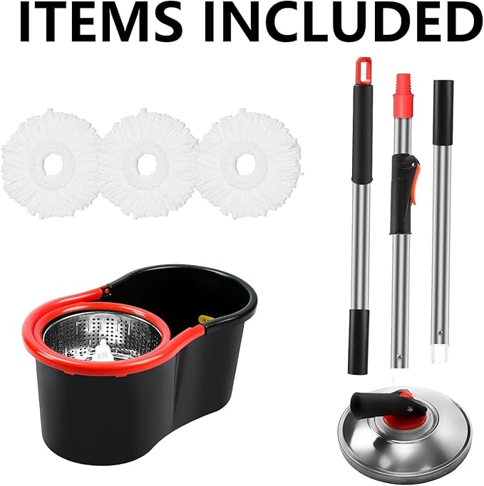 Spin Mop and Bucket Set, 360° Spinning Mop and Bucket System, for Mop Floor Cleaning, with 3 Microfiber Mop Replacement Heads and 61" Stainless Steel Adjustable Handle