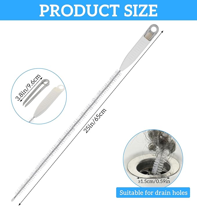 Snake Drain Hair Removal Tool, 26" Drain Brush Pipe Cleaning with Hair Catcher & Forceps, Heavy-Duty Sewer Snake Tool for Clog Removal