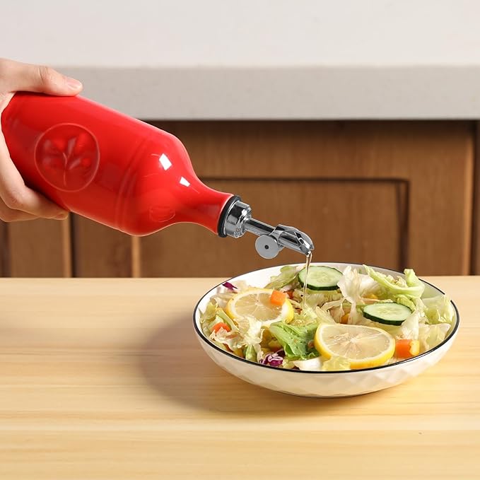 Sweejar 16 Oz Ceramic Olive Oil Dispenser Bottle, Oil Dispenser for Kitchen with Gravity Spout, Relief Opaque Oil Container for Evoo, Avocado Oil, Vinegar, Soy Sauce, 1 Pack(Red, Silver Spout)