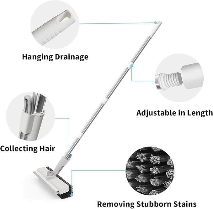 Floor Scrub Brush with Long Handle, 3 in 1 Scrape and Heavy-Duty Stiff Bristle Scrubber Brush for Cleaning Shower Bathroom, Patio, Garage, Kitchen