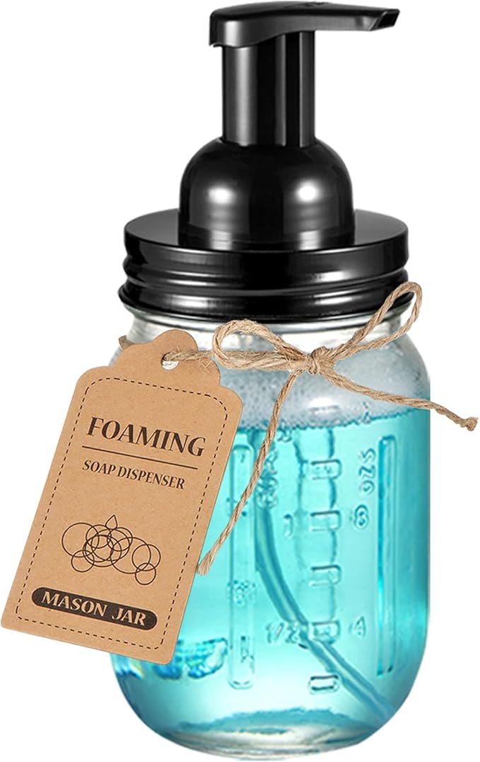 SheeChung Mason Jar Foaming Soap Dispenser-Rustproof Stainless Steel Lid & Foaming Soap Pump, Refill Foam Hand Soap Dispenser Glass for Bathroom Kitchen Vanities, Countertops-Black (1 pk)