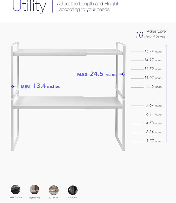 Nxconsu 2Pack Cabinet Shelf Organizer Expandable 5 Heights Adjustable Stackable Rack Riser for Kitchen Pantry Cupboard Under Sink Organization Storage Space Saver Heavy Duty Metal White Large