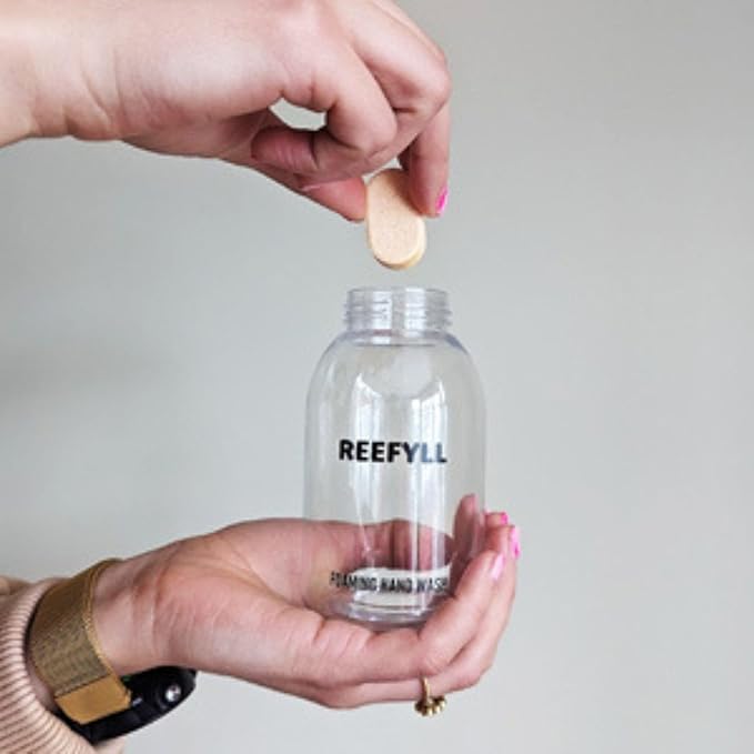 Foaming Soap Dispenser Starter Pack with Refillable Bottle 250ml and Hand Soap Tablet x1 for Bathroom Kitchen Countertop Refillable Foam Soap with Juicy Orange Scent