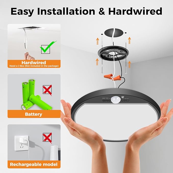 slochi 2Pack Motion Sensor Light Indoor Wired, 12 Inch 3000K/4000K/6500K Closet Lights Motion Sensored, 24W 2400LM Flush Mount Ceiling Light for Hallway Pantry Stairwell Porch, Black