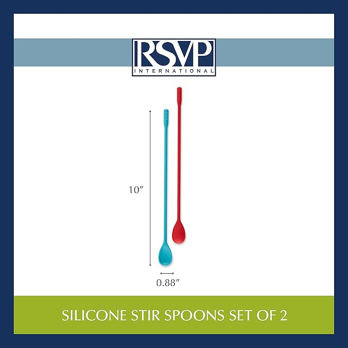 RSVP International Silicone Stir Spoons, 10 inch, Multi-Color | BPA-Free | Prefect for Stirring Drinks & Getting to the Bottom of Jars | Dishwasher Safe