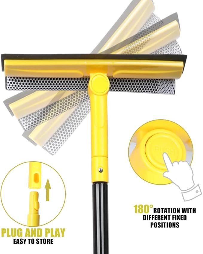 Long Handle Window Squeegee,2-in-1 Glass Squeegee Have 63" Adjustable Soft Rubber Blade & 10" Absorbent Sponge Head for Car Windshield, Gas Station