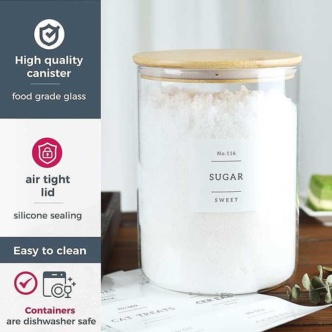 CZSZYGHBAO Large Glass Flour and Sugar Containers Jars with Bamboo Airtight Lid - 100 Fl Oz (3000ml) with Kitchen 42 Pantry Labels for Dry Food, Flour