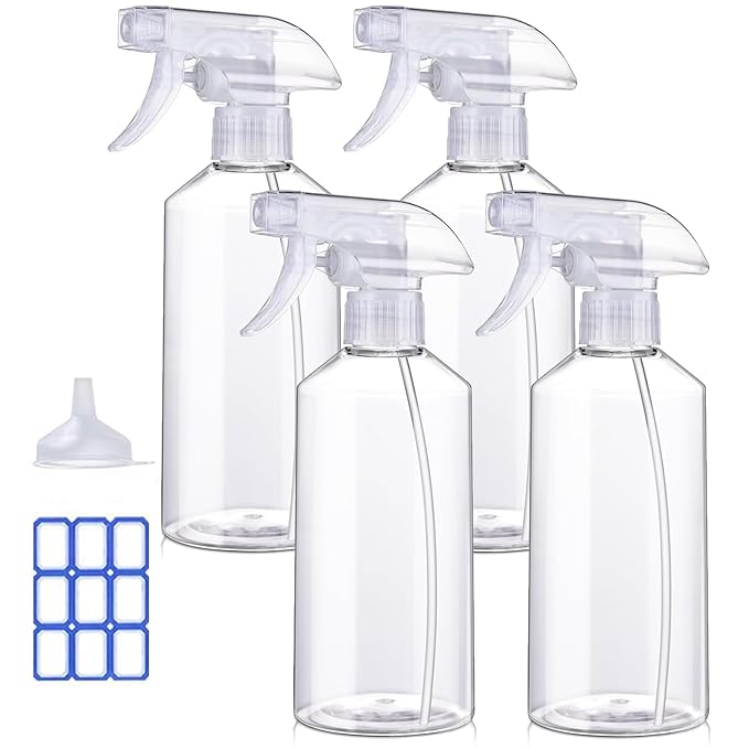 JohnBee Plastic Spray Bottle (4 Pack, 16 Oz) Heavy Duty Spraying Bottles Leak Proof Mist Empty Water Bottle for Cleaning Solution Planting Pet with Adjustable Nozzle Weighing Scientific