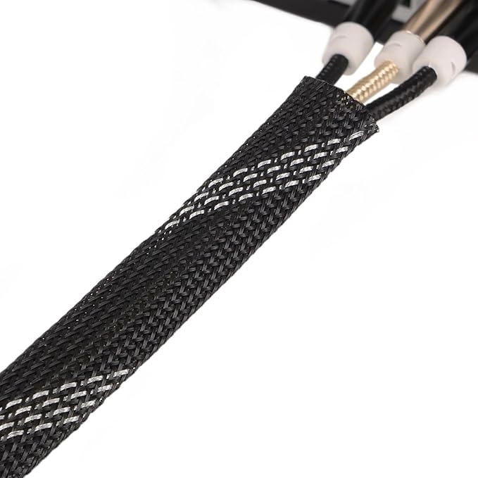 25ft PET Expandable Braided Cable Sleeve 3/8inch(10mm) Pet Braided Cable Sleeve for Audio Video Device Wire Automotive Wire (Black Silvery)