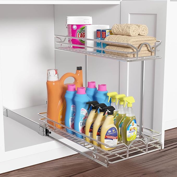 Under Sink Cabinet Organizer Two Tier Pull Out Shelf (14.75W x 17D)