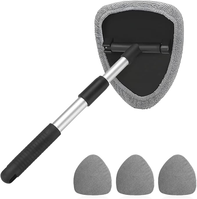Windshield Cleaning Tool, Car Window Cleaner with Extendable Long Handle and 4 Washable Reusable Microfiber Pads