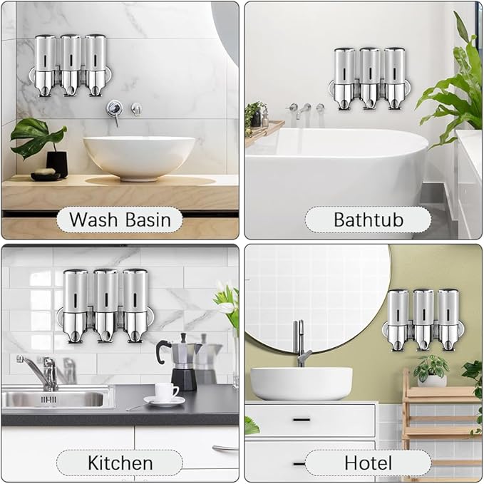 No-Drill 3 Pack 500ml Wall Mounted soap Dispenser for Bathroom and Kitchen, Shampoo and Conditioner Dispenser Drill Free with Adhesive(Round-Silve)
