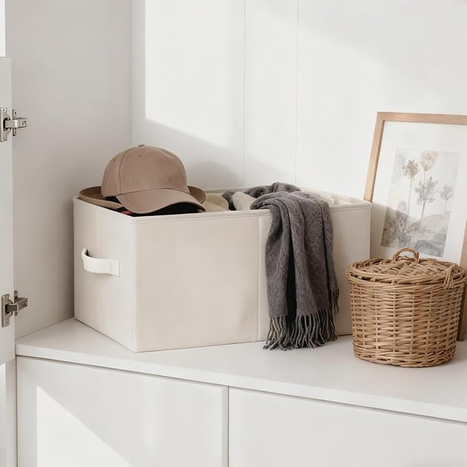 3 Pack Linen Storage Baskets with Handle, Beige
