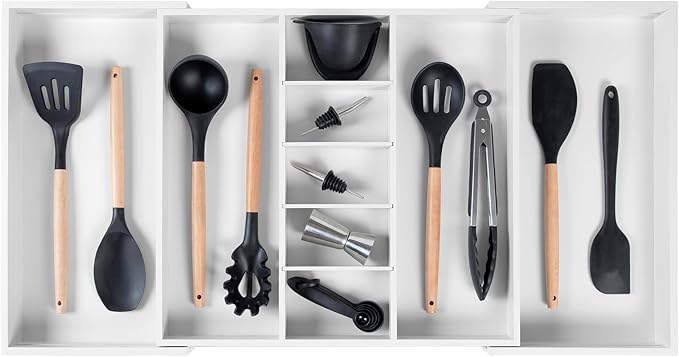 KitchenEdge Adjustable Kitchen Drawer Organizer for Utensils and Junk, Food-Safe Contract Grade with 100% Sustainable Wood