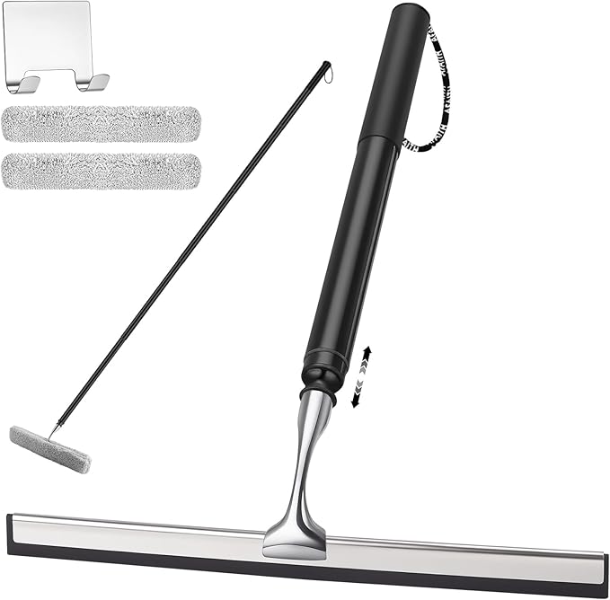 17'' - 60'' Metal Squeegee with Extension Pole for Window,Glass Door,Mirror, 12'' Wide Telescopic Shower Squeegee Cleaner with Long Handle