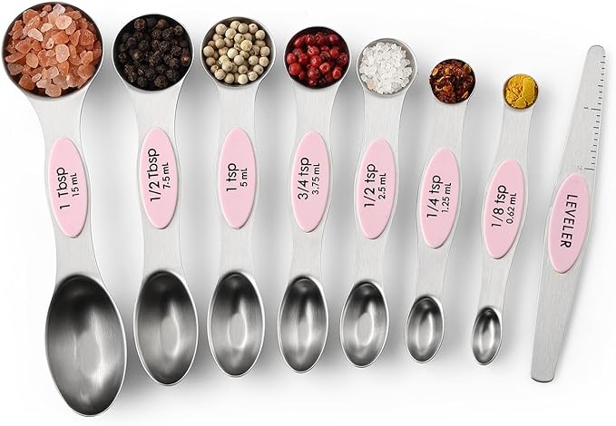 Spring Chef Stainless Steel Magnetic Measuring Spoons Set of 8 with Leveler, Dual Sided Teaspoon & Tablespoon Measuring Spoons with Strong Magnets, Kitchen Gadgets for Baking & Cooking - Pink Lemonade