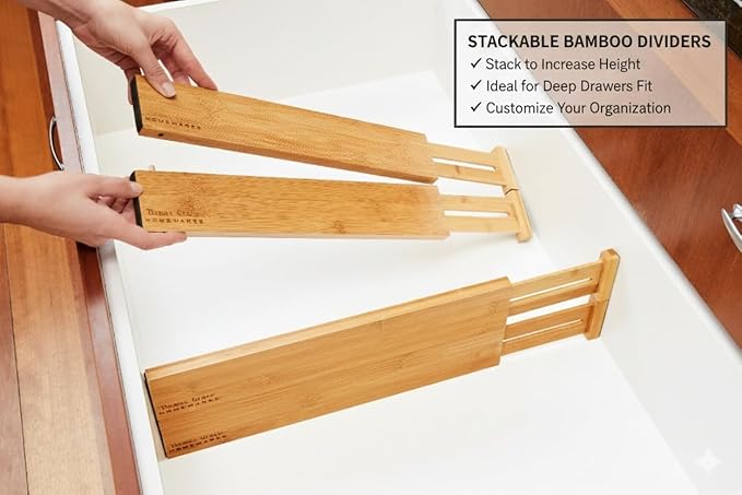 Bamboo Kitchen Drawer Organizer Divider Stackable for Deep Drawers. (Set-of- 4) Spring Loaded Dividers that are Expandable & Adjustable. Kitchen Organizer.