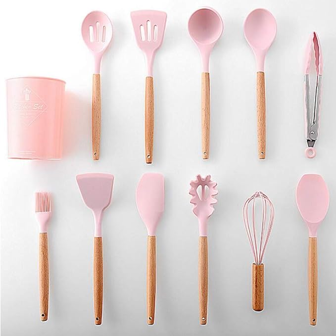 17PCS Silicone Utensils Set with Wooden Handle Heat Resistant Cookware Utensils Kit Easy To Clean Kitchenware Kitchen Tools for Non-Stick Cookware - Pink