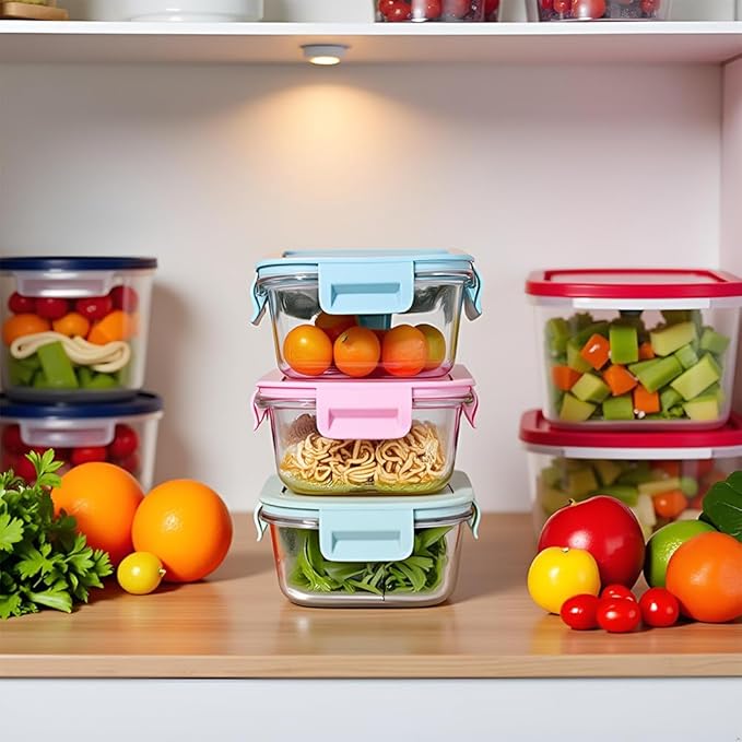 Square 2cup Glass Food Storage Containers with Airtight Lids, 16oz Glass Meal Prep Containers, Square Food Bowl For Lunch, Fruit, Snack, Dishwasher Microwave Freezer Safe (Pink+Green)
