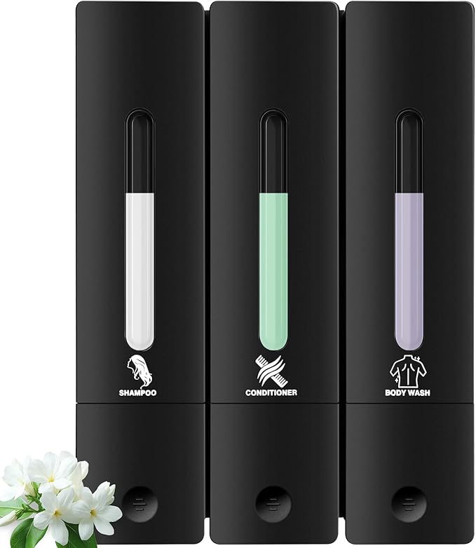 3 Chamber Shampoo and Conditioner Dispenser, No Drill - Wall Mounted Shower Soap Dispenser, Refillable Body Wash Dispenser Set 3, 1200ML Large Capacity, for Bathroom & Hotel, Black