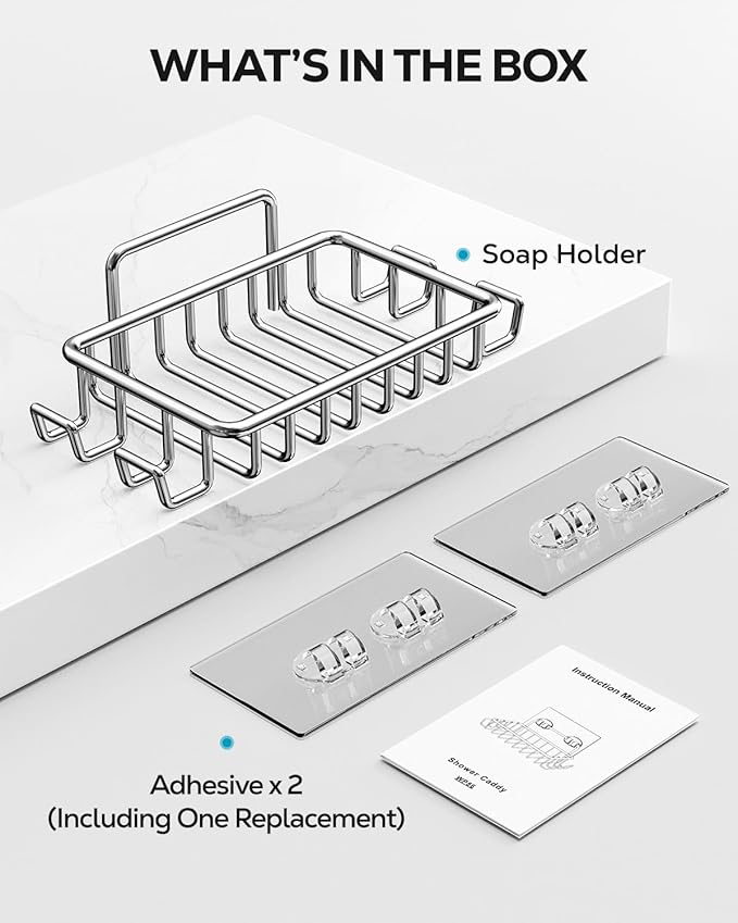 Nieifi Bar Soap Holder for Shower Wall with 4 Hooks, Stainless Steel Adhesive Soap Dish for Bathroom, Silver