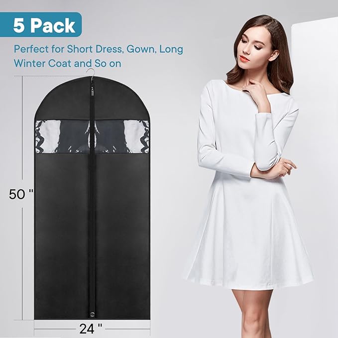 5 Pack - Moucas 50" Black Garment Bag, Mens Suit Bags for Closet Storage and Travel, Garment Bags for Hanging Clothes, Suit Cover Bags with Zipper for Coats, Dresses, Shirts