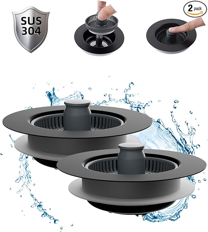 Hibbent 2 Pack 3 in 1 Kitchen Sink Drain Strainer and Stopper Combo, Stainless Steel Metal Pop Up Sink Stopper, Anti-Clogging Basket Strainer with Handle for US Standard 3-1/2 Inch Drain, Black