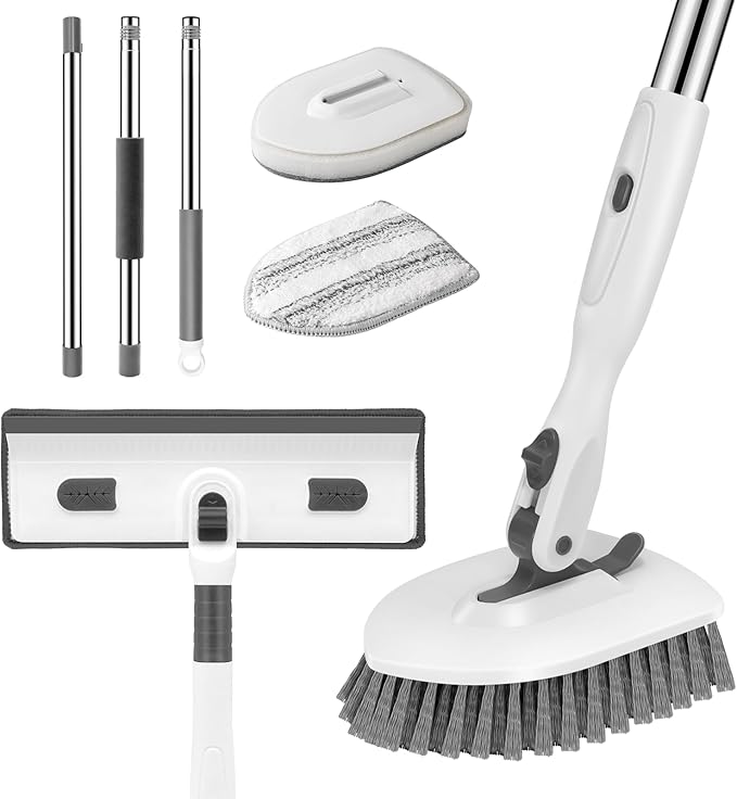 SetSail 4-in-1 Tile Tub Floor Scrubber with 52-inch Adjustable Long Handle Shower Cleaner Brush Comes with Window Scrubber and 3 Replacement Brush Heads for Cleaning Bathroom Tub Tile, White Grey