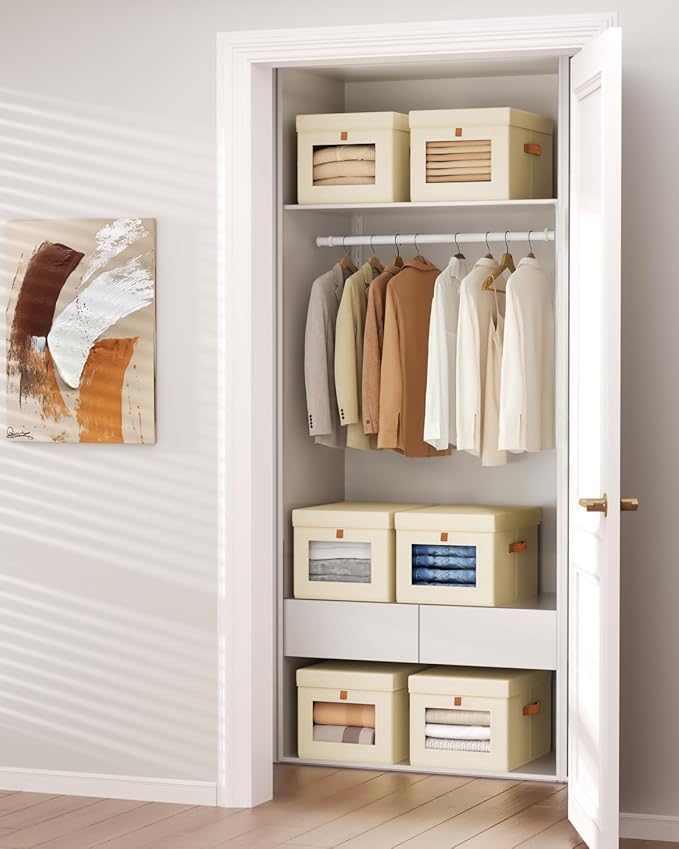 Homsorout Storage Bins with Lid – Closet Organizer with Side Opening and Clear Window, Foldable Stackable Fabric Basket for Clothes, Home, Office - 13.77" x 11.8" x 9.8", 6 Pack, Beige