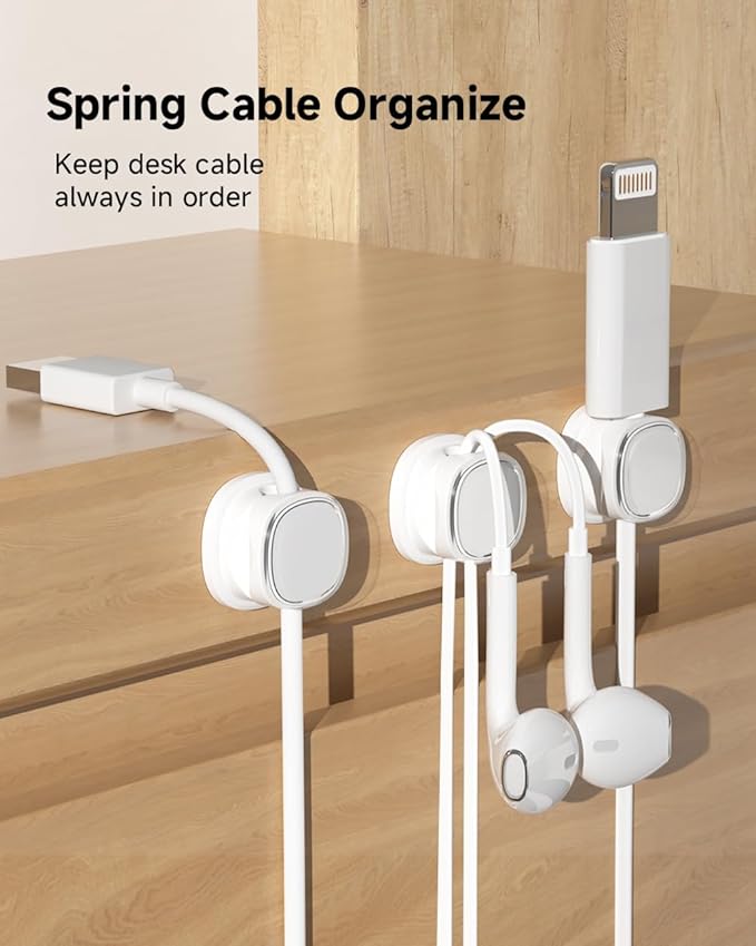 9 Pack Cord Organizer, Spring Cable Management, Adhesive Cute Cable Holder Clips, Phone Charger Wire Keeper for Desk Nightstand Car Office (9-Pack White)