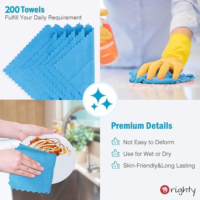 Orighty Cleaning Cloths Bulk, 200 Pack Shop Rags Reusable, Multi-Purpose Shop Towels for Cars, Microfiber Cleaning Rags for Automotive, Mechanic, Kitchen, Lint Free Towels 11.5’’ x 11.5’’, Blue