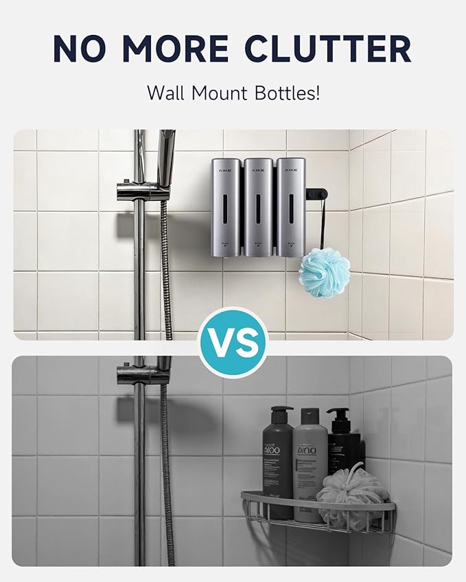 AIKE 3 Chambers Shower Shampoo and Conditioner Dispenser 3 x 11.8 fl.oz. for Bathroom(Silver)