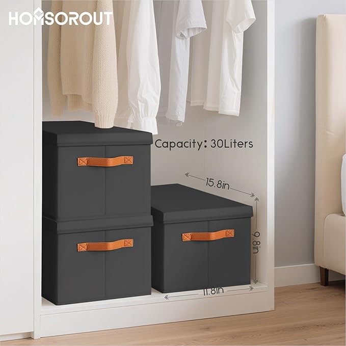 Homsorout Storage Bins with Lids - Large Fabric Closet Bins with Lid, 5 Pack Clothes Organizers and Storage, Collapsible Stackable Cube Basket for Home, Office, Dorm, Black
