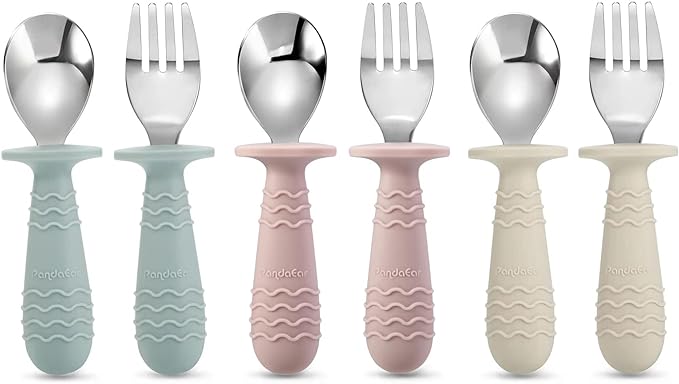 PandaEar 6 Pieces Baby Toddler Silicone Stainless Steel Utensils Silverware Spoon Fork for Baby Toddler BPA Free with Silicone Holding Anti-Choke Design (Blue Pink White)