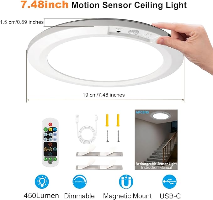 Wireless Motion Sensor Ceiling Light, 7.5" Ultra-Thin 8000mAh Rechargeable, 450 LM, 5 Color Temps, Dimmable with Timer & Remote, Magnetic/Screw Mount for Closet, Hallway, Pantry, 1-Pack