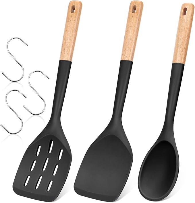 Badiano Pack of 3 Silicone Spatula, Non Stick Cooking Utensil Set, Wooden Handle Kitchen Turner for Baking Mixing Grilling Serving Food Heat Resistant, Black