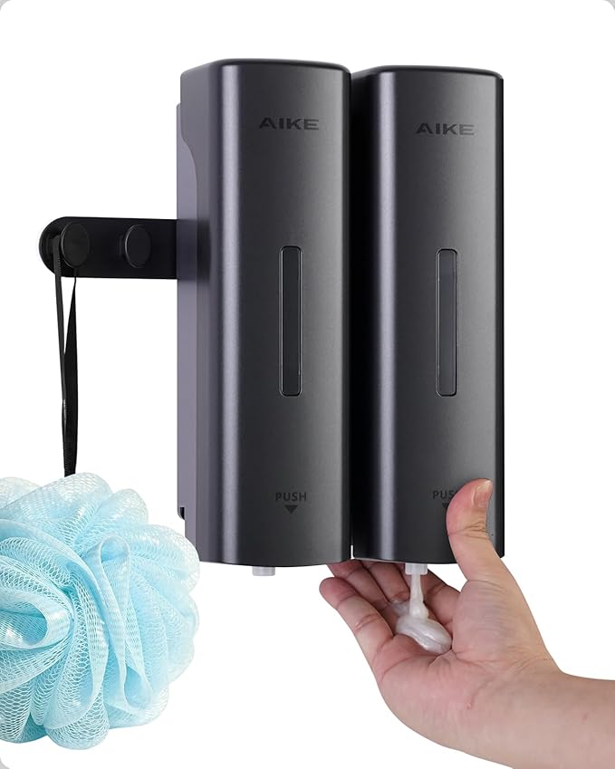 AIKE 2 Chambers Shower Shampoo and Conditioner Dispenser 2 x 11.8 fl.oz. for Bathroom(Dark Silver)