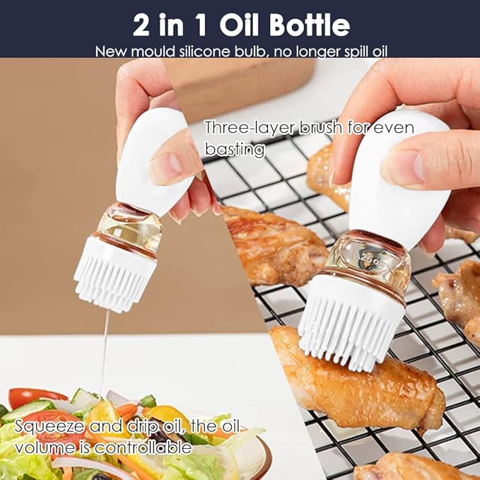 TINMIX Oil Dispenser with Brush - 2 IN 1 Glass Olive Oil Dispenser for Cooking, Upgrade T-OB21S Oil Dispensing Bottle with Silicone Basting Brush for Vinegar Sauce BBQ Grill Frying Kitchen, White