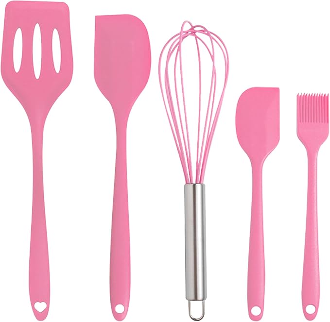 Silicone Spatula Set 5 Pieces Heat Resistant Non-Stick Rubber Spatulas for Baking Cooking Mixing Scraping Nonstick Cookware Kitchen Utensils (Pink)